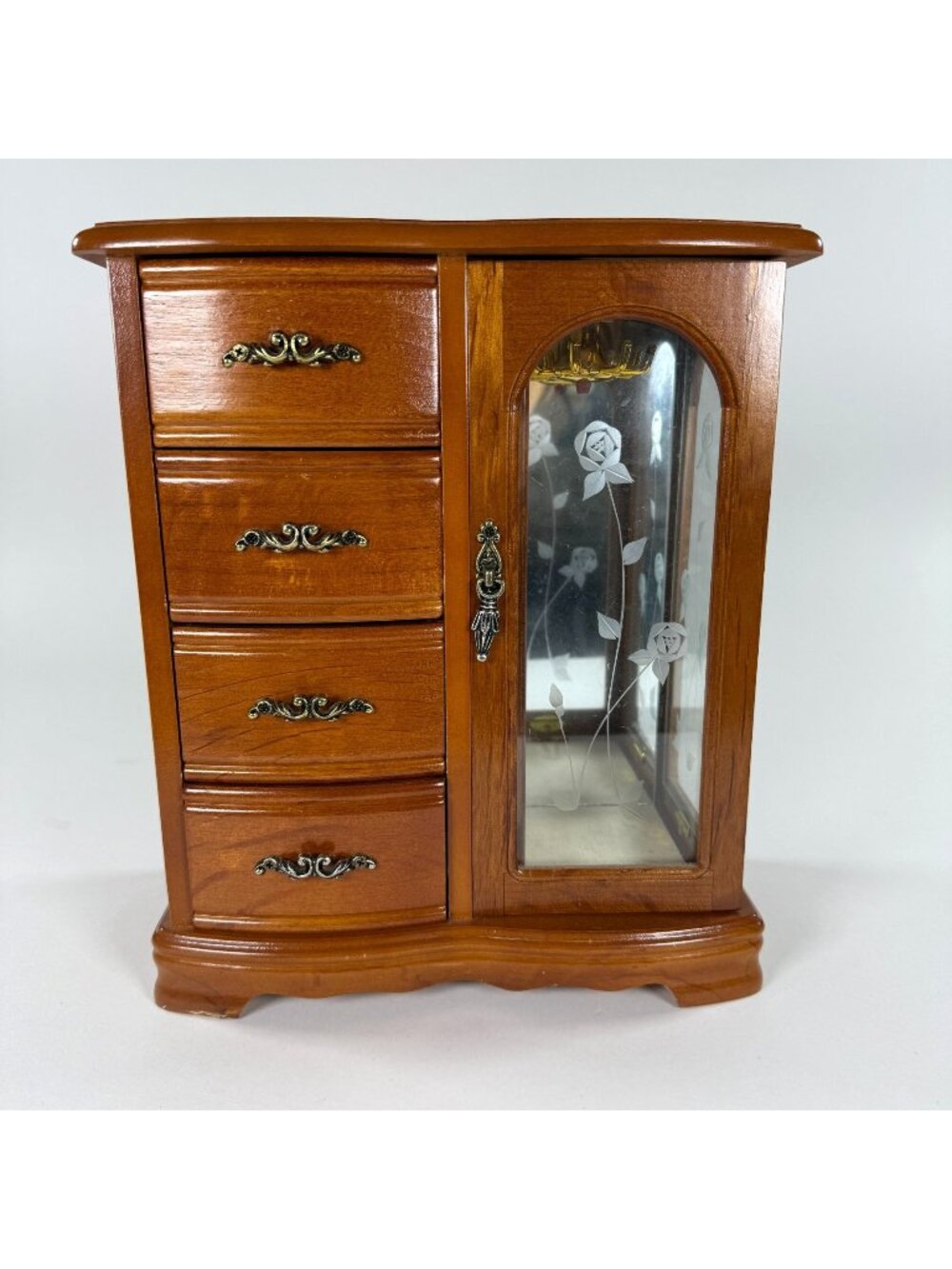 Wooden Jewelry Armoire Cabinet Box Glass Etched Door & 4 Drawers Vintage Design